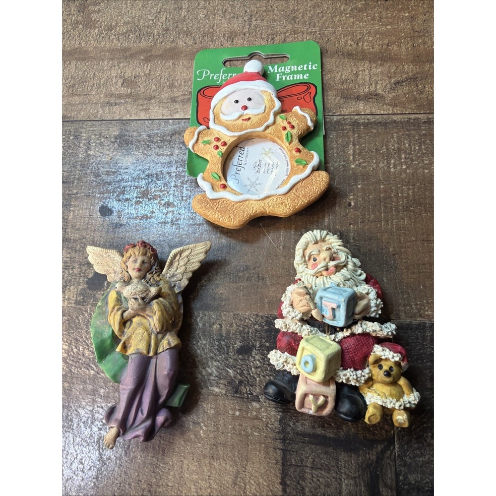 Christmas Refrigerator Magnets Resin Angel Gingerbread Santa Vintage Lot Of 3